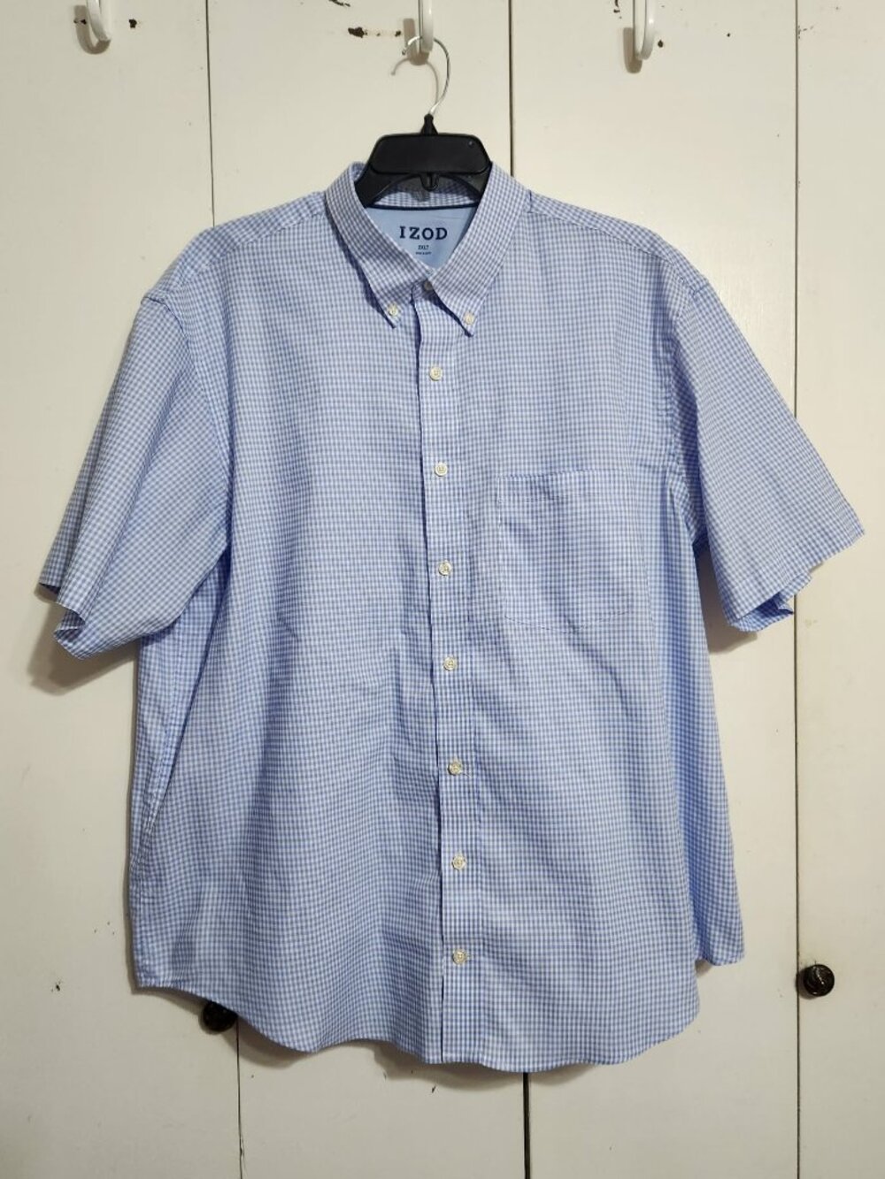 IZOD Men 2XLT Blue White Gingham Check Short Sleeve Button Down Pocket Shirt
